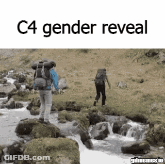Man With Backpack Crossing Stream, Other On Rock GIF