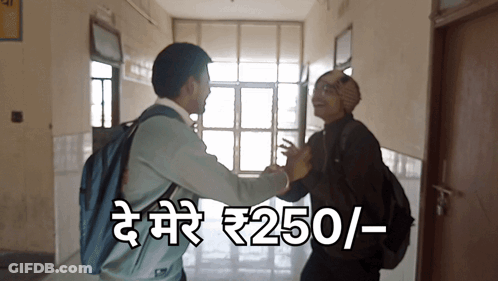 Man With Backpack Handshake In Hallway 250 GIF