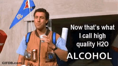 Man With Backpack Holding Water Says Now That's What I Call High Quality Alcohol GIF