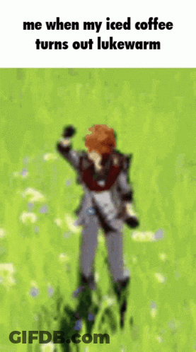 Man With Backpack In Field Saying Me When My Iced Coffee Turns Out Lukewarm GIF