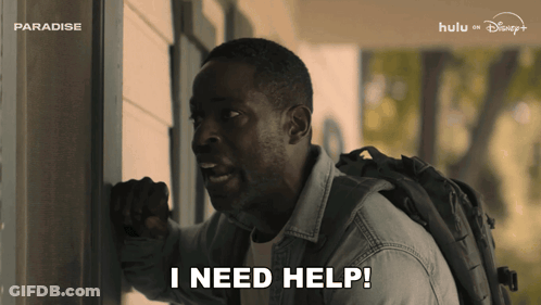 Man With Backpack Saying I Need Help In Front Of Paradise Sign GIF