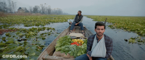 Man With Bandage On Arm Sits In Boat With Vegetables GIF