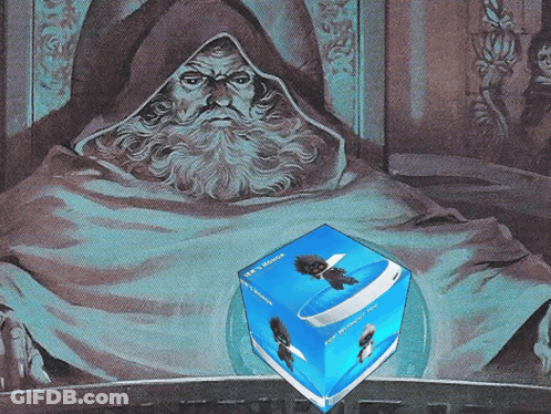 Man With Beard And Blue Box Saying Eye Cleaner GIF