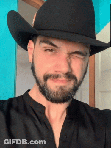 Man With Beard And Cowboy Hat Winks GIF