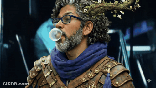 Man With Beard And Glasses Blowing Bubble With Branch On Head GIF
