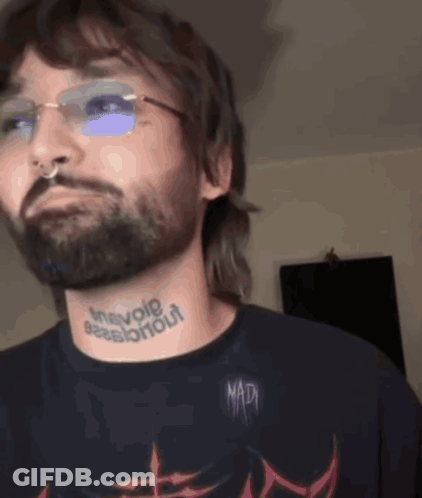 Man With Beard And Glasses Tattoo Saying Inevole GIF