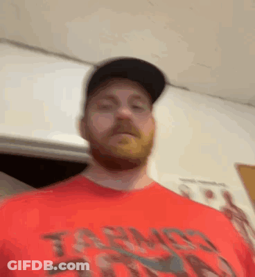 Man With Beard And Hat In Red Shirt And Black Hat GIF