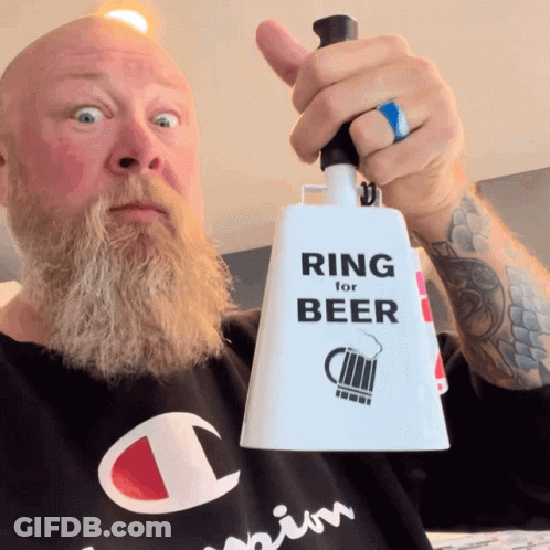 Man With Beard Holding Bell That Says Ring For Beer GIF