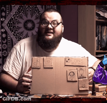 Man With Beard Holding Box Saying Beons GIF
