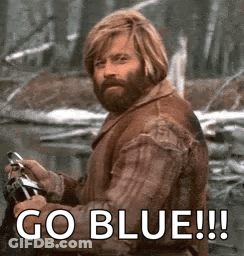 Man With Beard Holding Fishing Rod Saying Go Blue GIF