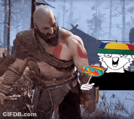 Man With Beard Holding Lollipop Next To Cartoon Character GIF