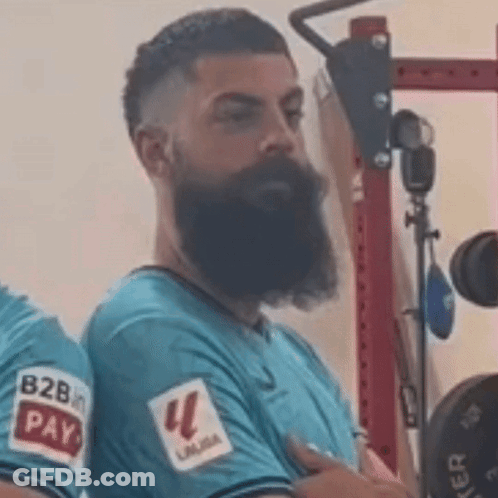 Man With Beard In Blue Shirt And Pay Sticker GIF