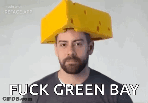 Man With Beard In Cheese Hat Saying Fuck Green Bay GIF