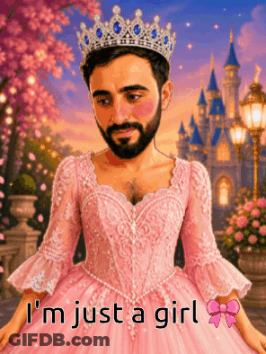 Man With Beard In Pink Dress And Tiara GIF
