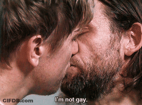 Man With Beard Kissing Man Saying Not Gay GIF