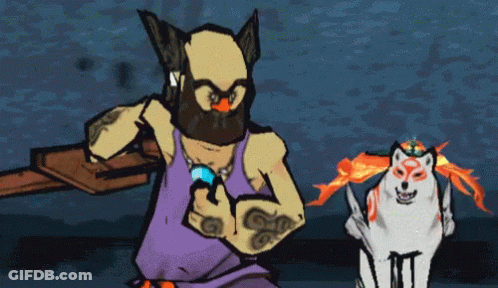 Man With Beard Standing Next To White Dog GIF