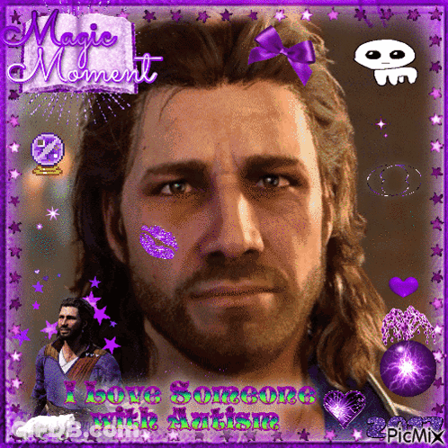 Man With Beard Surrounded By Purple And Pink Decorations GIF