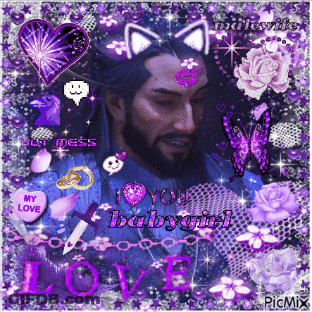 Man With Beard Surrounded By Purple Hearts And Butterflies Says I Love You Baby Girl GIF