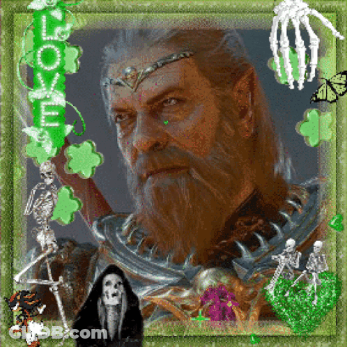 Man With Beard Surrounded By Skeletons With Love On Green Background GIF