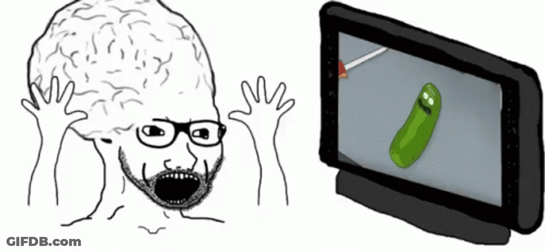 Man With Big Brains Watching Pickle Rick GIF