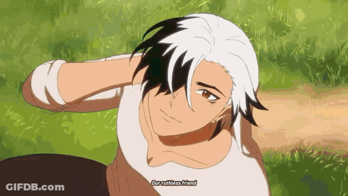 Man With Black And White Hair Laying In Grass Says Our Ruthless Friend GIF