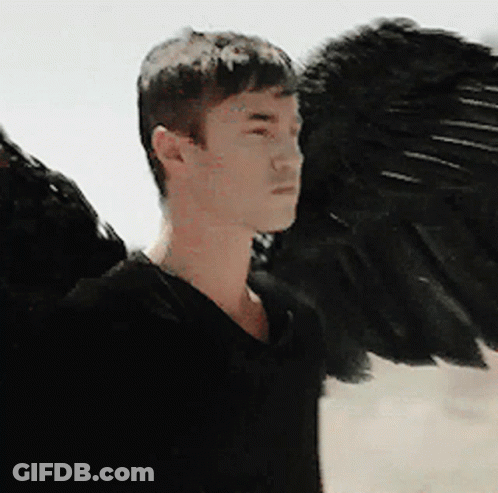 Man With Black Wings Looking At Camera GIF