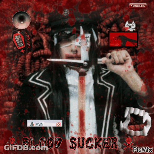 Man With Blood On Face Holding Knife In Mouth Blood Sucker GIF