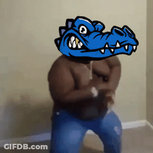 Man With Blue Crocodile On Head Dancing GIF