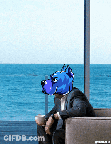 Man With Blue Dog Head Sitting GIF