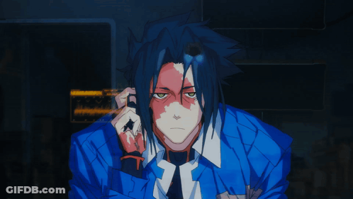 Man With Blue Hair And Green Eyes Talking On Cell Phone GIF
