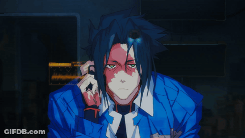 Man With Blue Hair And Green Eyes Talking On Cell Phone GIF