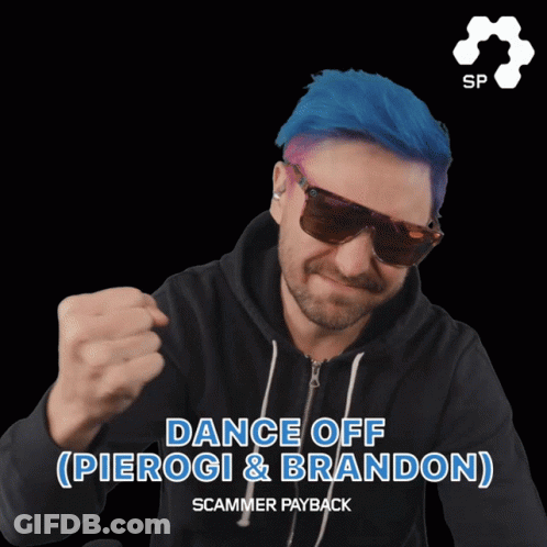 Man With Blue Hair And Sunglasses In Black Hoodie Says Dance Off Pierogi & Brandon GIF