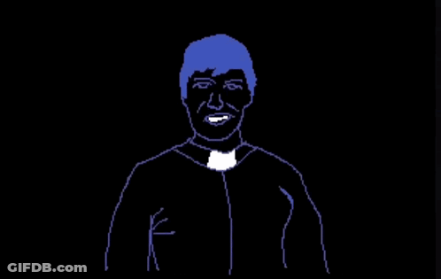 Man With Blue Hair And White Cross On Shoulder GIF