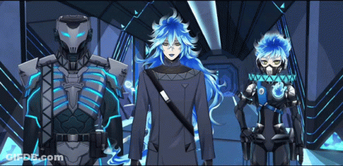 Man With Blue Hair Next To Robot GIF