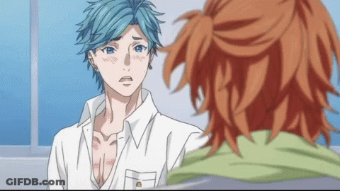 Man With Blue Hair Talks To Orange Hair Man GIF