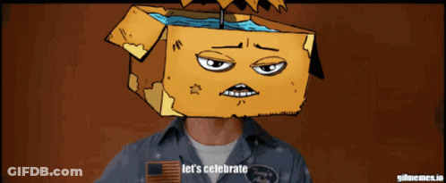 Man With Box On Head Saying Let's Celebrate GIF