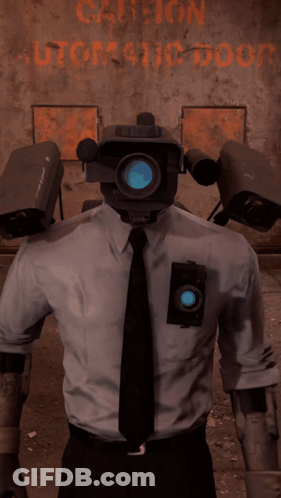 Man With Camera On Head In Front Of Caution Automatic Door GIF