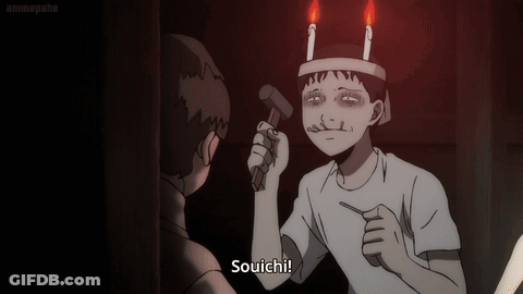 Man With Candles On Head Holding Hammer GIF