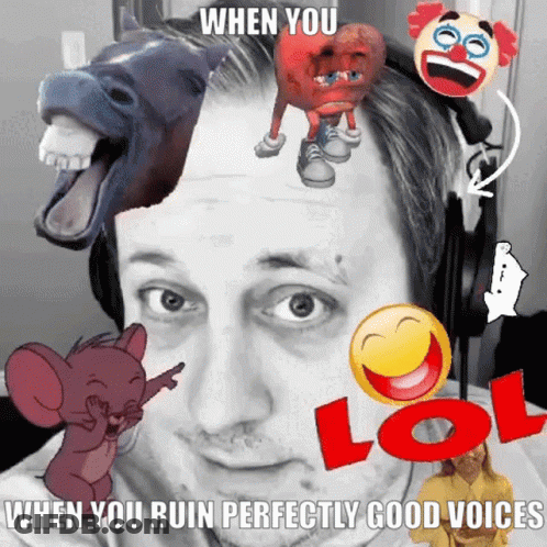 Man With Cartoon Characters On Head Saying When You Ruin Perfectly Good Voices GIF