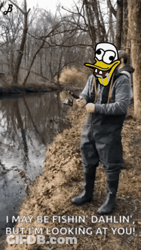 Man With Cartoon Duck On Face Fishing GIF