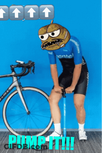 Man With Cartoon Face Pumping Bicycle Tire GIF