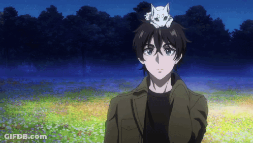 Man With Cat On Head In Field GIF
