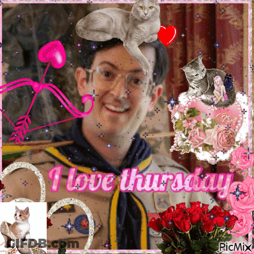 Man With Cat On Head Saying I Love Thursday GIF