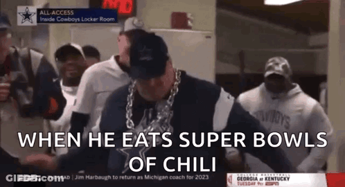 Man With Chain Saying He Eats Super Bowls Of Chili GIF