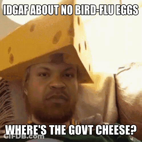 Man With Cheese On Head Says IDGAF About Bird Flu Eggs GIF