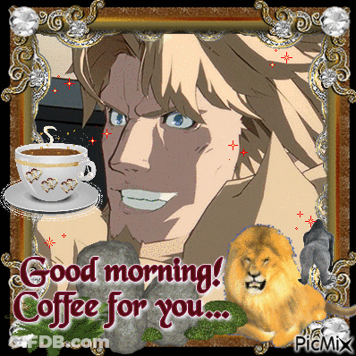 Man With Coffee And Lion Saying Good Morning GIF