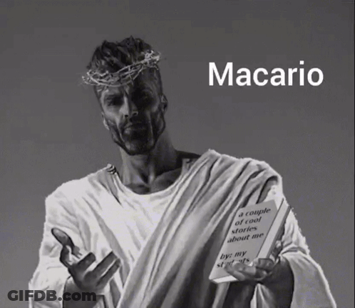 Man With Crown Of Thorns Holding Paper Saying Macario GIF
