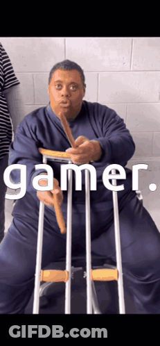 Man With Crutches Holding Stick Gamer GIF