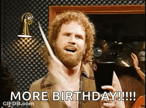 Man With Curly Hair And Beard Holding Drum Stick Saying More Birthday GIF
