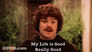 Man With Curly Hair And Mustache In Front Of My Life Is Good Really Good Sign GIF